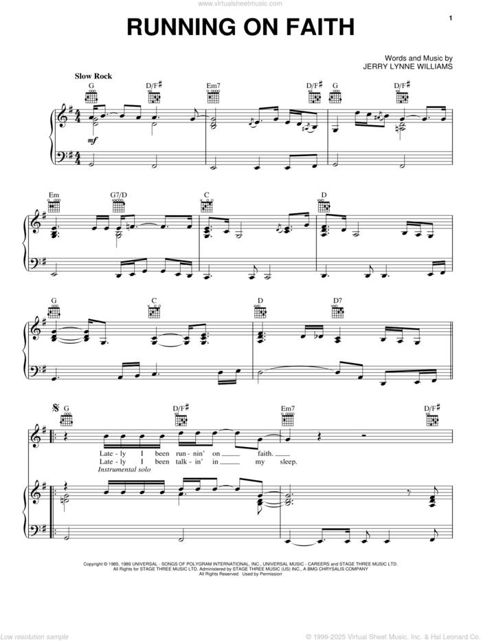 Running On Faith sheet music for voice, piano or guitar by Eric Clapton, Bernadette Peters and Jerry Lynn Williams, intermediate skill level