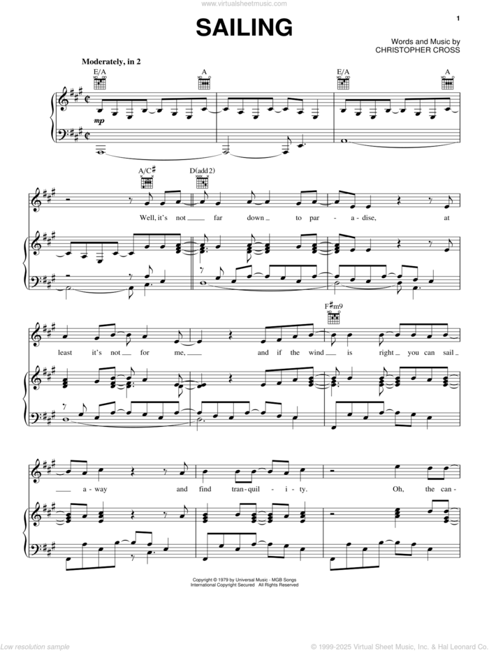 Sailing sheet music for voice, piano or guitar by Christopher Cross and Countdown Singers, intermediate skill level