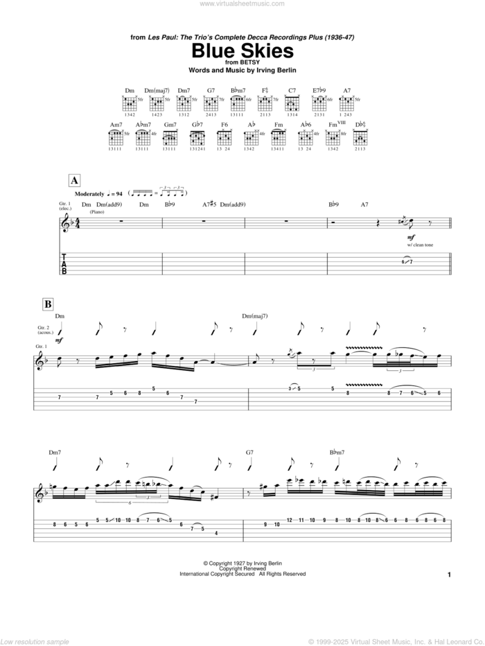 Blue Skies sheet music for guitar (tablature) by Les Paul and Irving Berlin, intermediate skill level