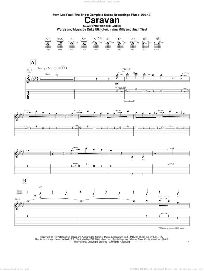 Caravan sheet music for guitar (tablature) by Les Paul, Duke Ellington, Irving Mills and Juan Tizol, intermediate skill level