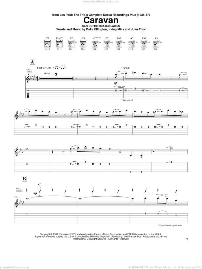 Caravan sheet music for guitar (tablature) by Les Paul, Duke Ellington, Irving Mills and Juan Tizol, intermediate skill level