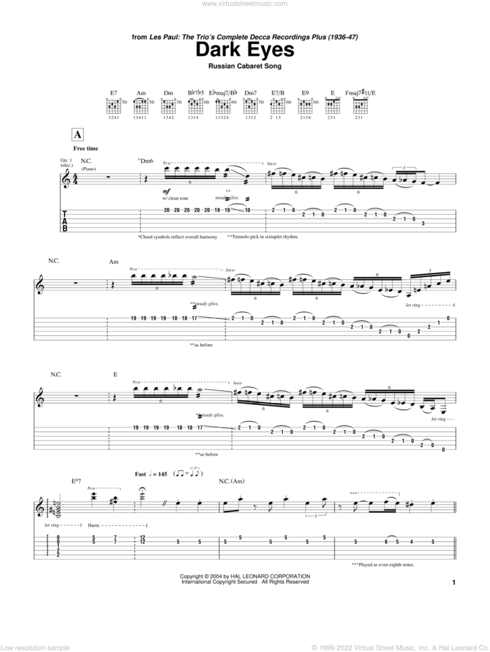 Dark Eyes sheet music for guitar (tablature) by Les Paul and Miscellaneous, intermediate skill level