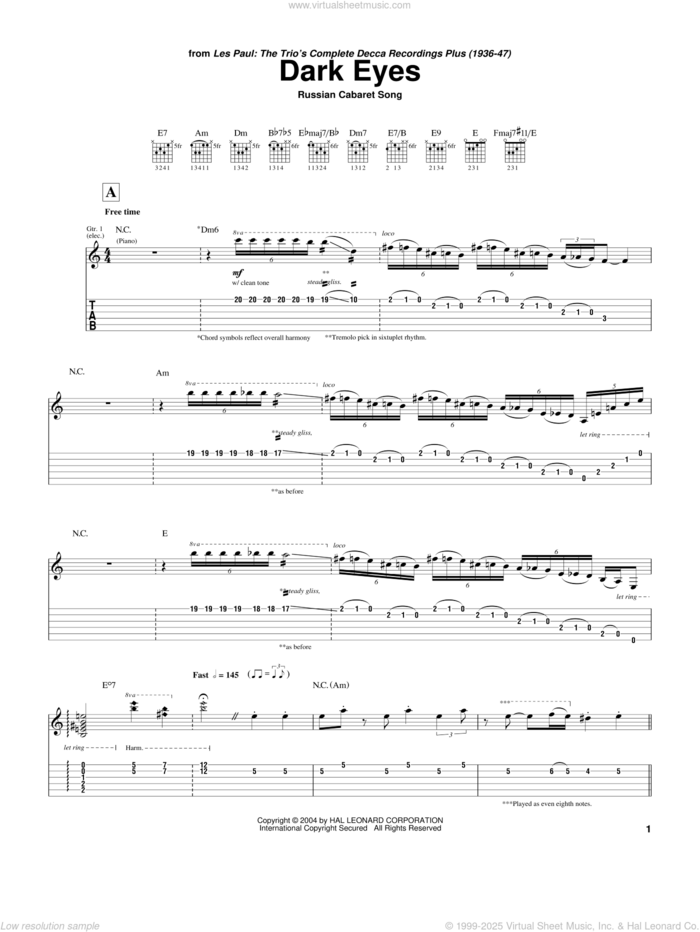 Dark Eyes sheet music for guitar (tablature) by Les Paul and Miscellaneous, intermediate skill level