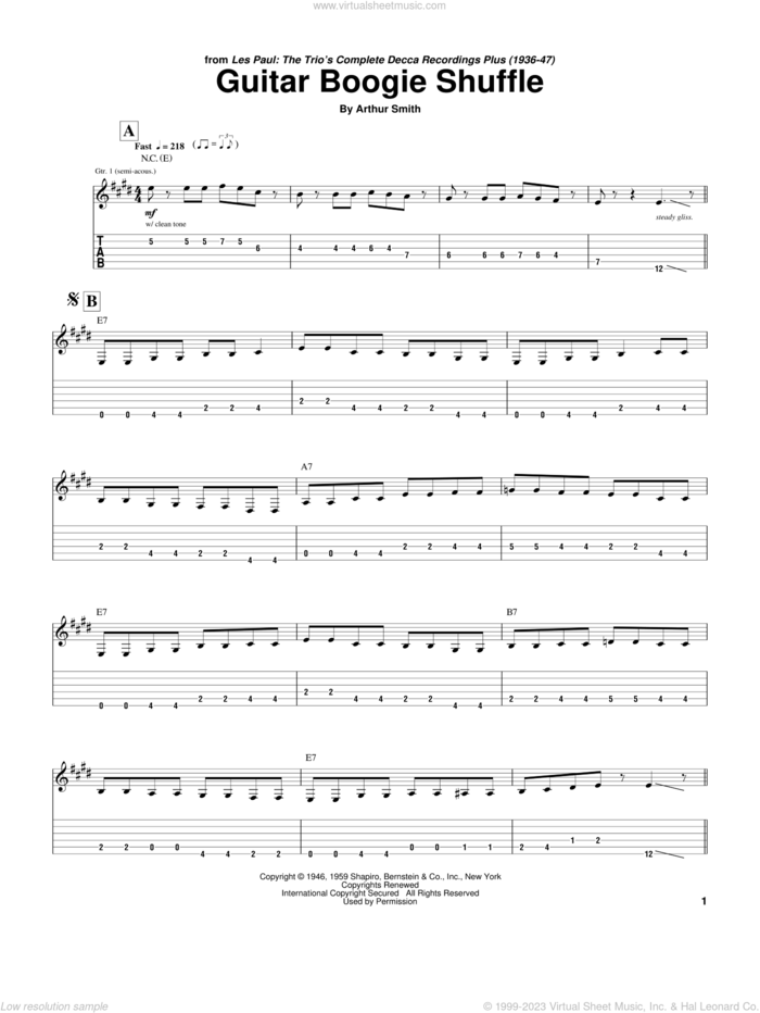 Guitar Boogie Shuffle sheet music for guitar (tablature) by Les Paul, The Virtues and Arthur Smith, intermediate skill level
