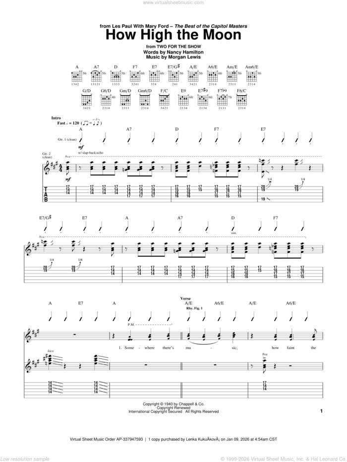 How High The Moon sheet music for guitar (tablature) by Les Paul, Django Reinhardt, Mary Ford, Morgan Lewis and Nancy Hamilton, intermediate skill level
