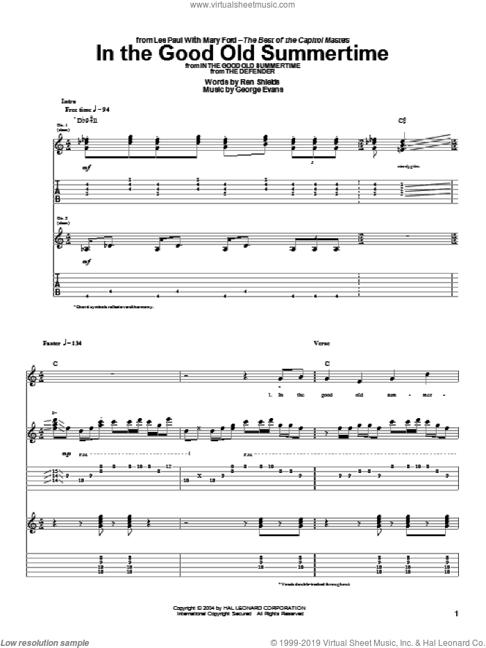In The Good Old Summertime sheet music for guitar (tablature) by Les Paul, George Evans and Ren Shields, intermediate skill level
