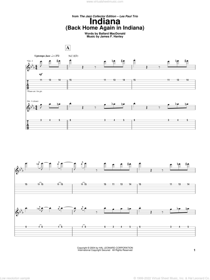 Indiana (Back Home Again In Indiana) sheet music for guitar (tablature) by Les Paul, Chet Atkins, Ballard MacDonald and James Hanley, intermediate skill level