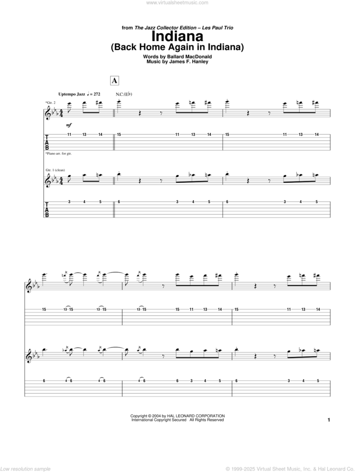 Indiana (Back Home Again In Indiana) sheet music for guitar (tablature) by Les Paul, Chet Atkins, Ballard MacDonald and James Hanley, intermediate skill level