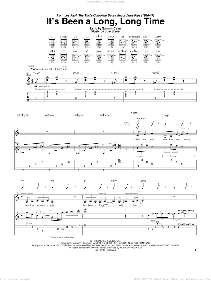 It's Been A Long, Long Time sheet music for guitar (tablature) by Les Paul, Chet Atkins, Jule Styne and Sammy Cahn, intermediate skill level