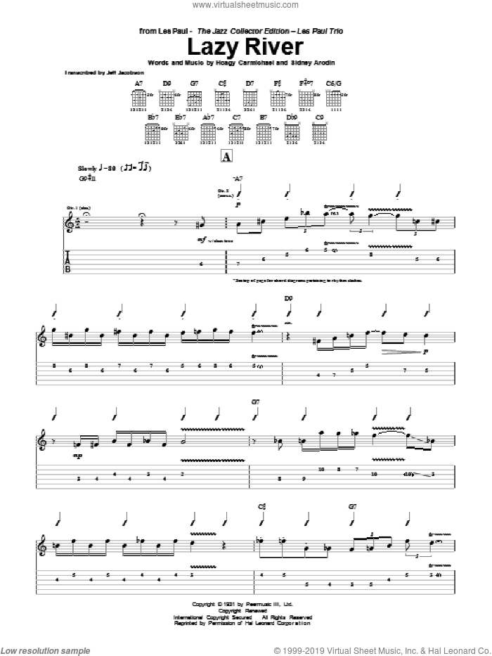 Lazy River sheet music for guitar (tablature) by Les Paul, Hoagy Carmichael and Sidney Arodin, intermediate skill level