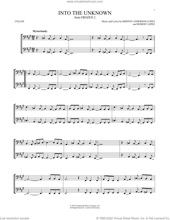 Into The Unknown (from Frozen 2) sheet music for two cellos (duet, duets) by Idina Menzel and AURORA, Kristen Anderson-Lopez and Robert Lopez, intermediate skill level