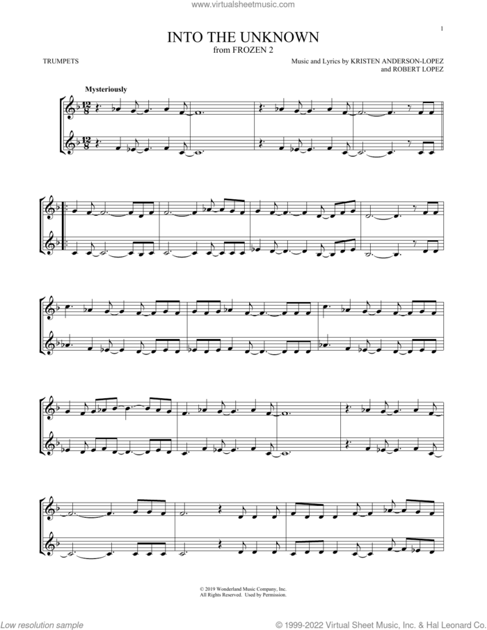 Into The Unknown (from Frozen 2) sheet music for two trumpets (duet, duets) by Idina Menzel and AURORA, Kristen Anderson-Lopez and Robert Lopez, intermediate skill level