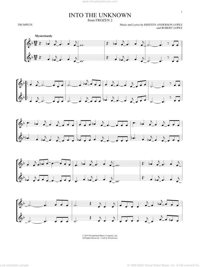 Into The Unknown (from Frozen 2) sheet music for two trumpets (duet, duets) by Idina Menzel and AURORA, Kristen Anderson-Lopez and Robert Lopez, intermediate skill level