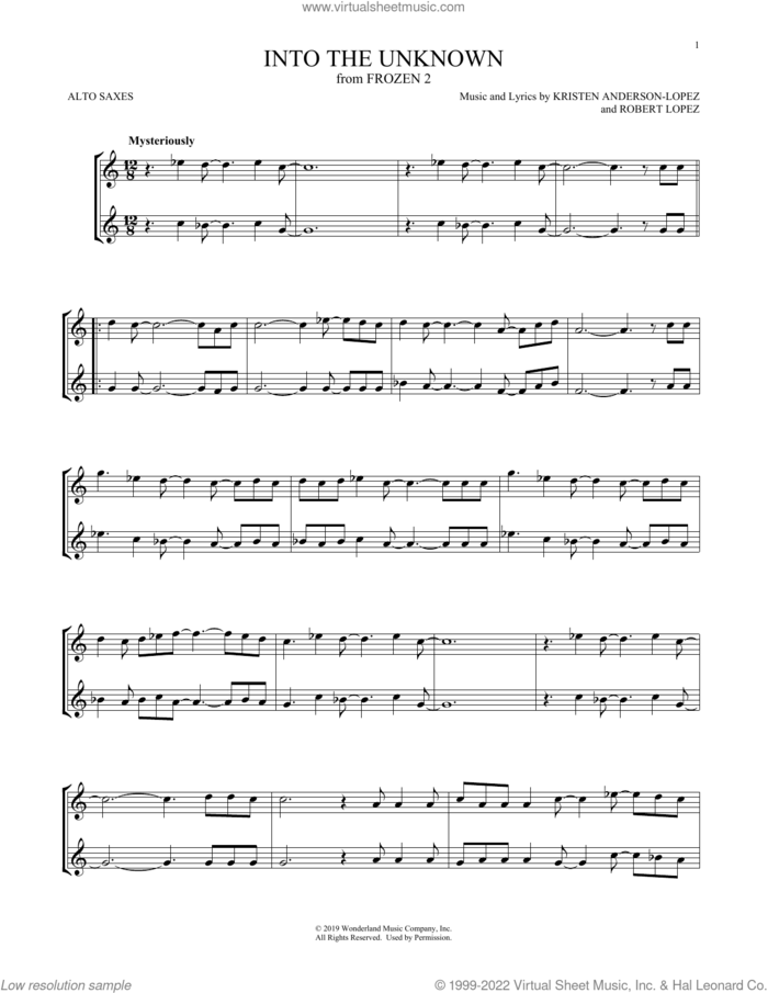 Into The Unknown (from Frozen 2) sheet music for two alto saxophones (duets) by Idina Menzel and AURORA, Kristen Anderson-Lopez and Robert Lopez, intermediate skill level