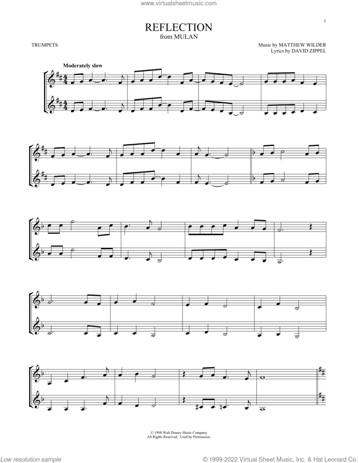 Reflection (from Mulan) sheet music for two trumpets (duet, duets) by Matthew Wilder & David Zippel, David Zippel and Matthew Wilder, intermediate skill level