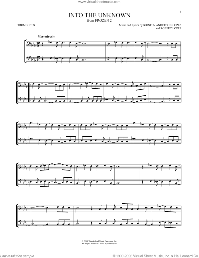 Into The Unknown (from Frozen 2) sheet music for two trombones (duet, duets) by Idina Menzel and AURORA, Kristen Anderson-Lopez and Robert Lopez, intermediate skill level
