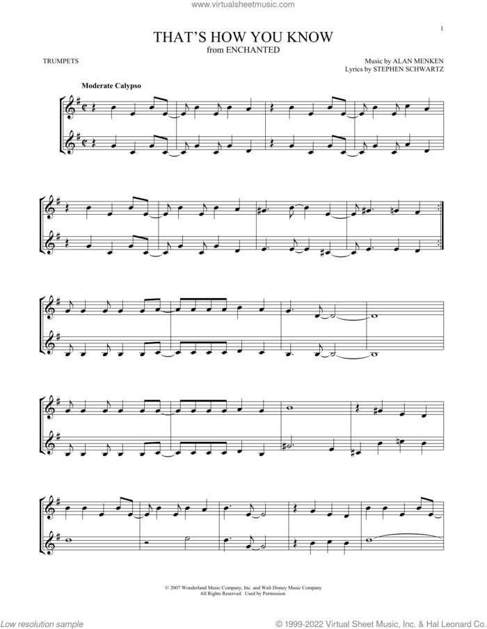 That's How You Know (from Enchanted) sheet music for two trumpets (duet, duets) by Alan Menken, Amy Adams and Stephen Schwartz, intermediate skill level