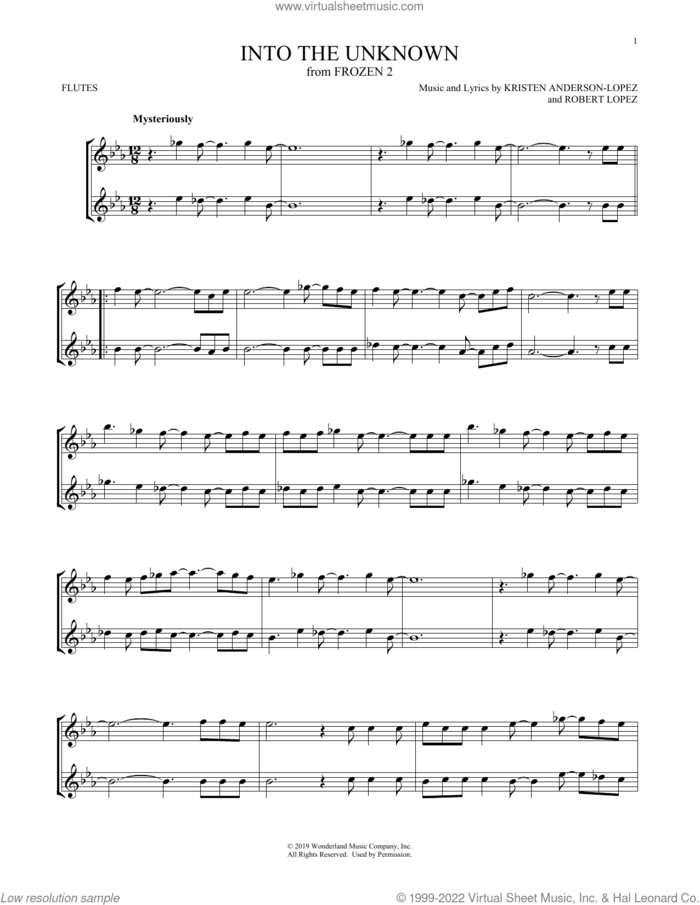 Into The Unknown (from Frozen 2) sheet music for two flutes (duets) by Idina Menzel and AURORA, Kristen Anderson-Lopez and Robert Lopez, intermediate skill level