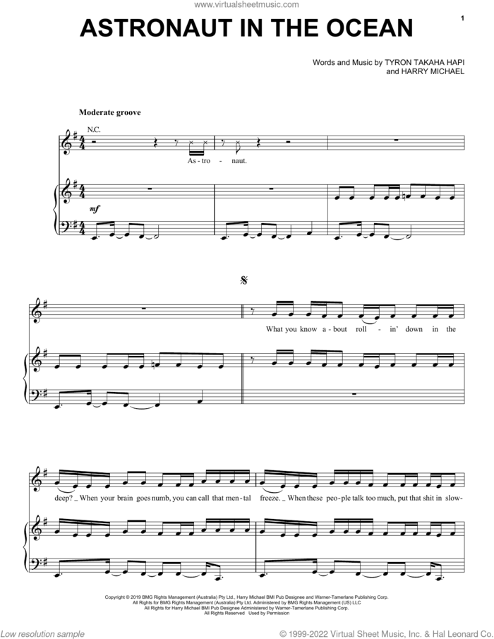 Astronaut In The Ocean sheet music for voice, piano or guitar by Masked Wolf, Harry Michael and Tyron Takaha Hapi, intermediate skill level