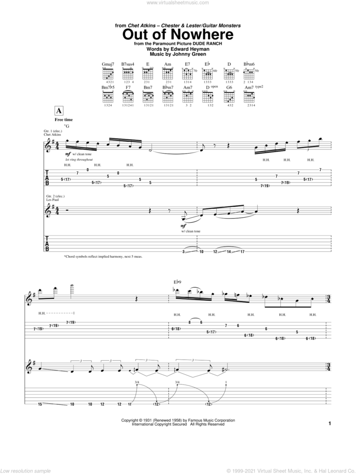 Out Of Nowhere sheet music for guitar (tablature) by Les Paul, Chet Atkins, Django Reinhardt, Edward Heyman and Johnny Green, intermediate skill level