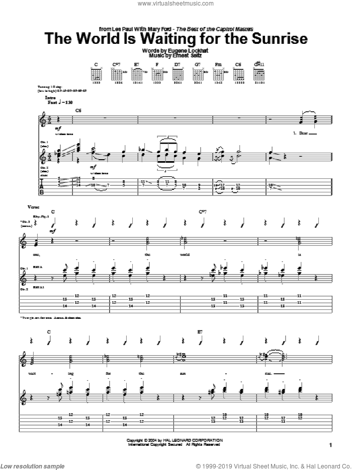 The World Is Waiting For The Sunrise sheet music for guitar (tablature) by Les Paul, Ernest Seitz and Eugene Lockhart, intermediate skill level