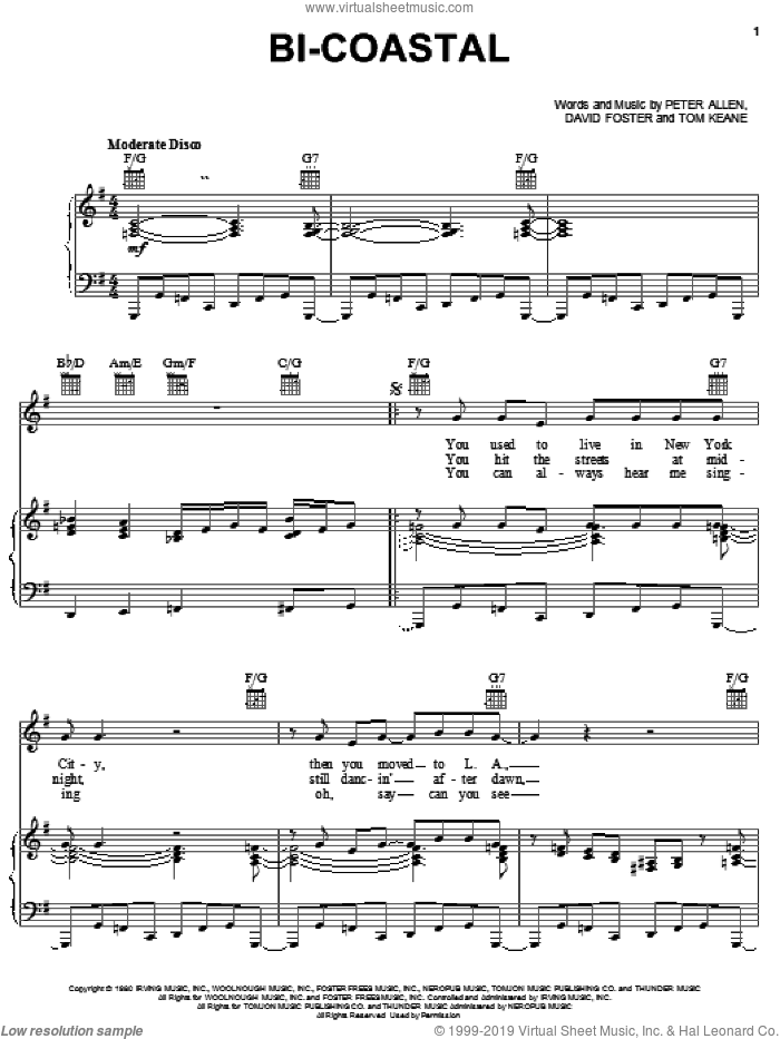 Bi-Coastal (from The Boy From Oz) sheet music for voice, piano or guitar by Peter Allen, The Boy From Oz (Musical), David Foster and Tom Keane, intermediate skill level