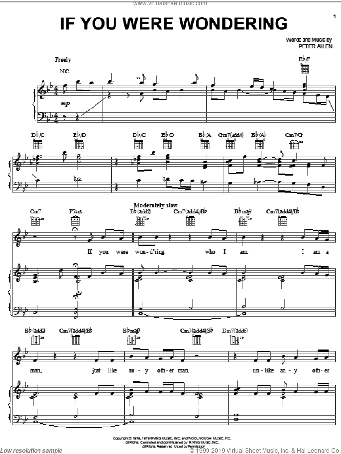 If You Were Wondering (from The Boy From Oz) sheet music for voice, piano or guitar by Peter Allen and The Boy From Oz (Musical), intermediate skill level