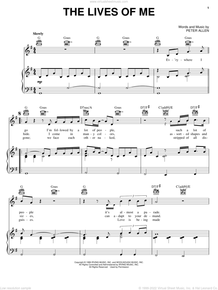 The Lives Of Me (from The Boy From Oz) sheet music for voice, piano or guitar by Peter Allen and The Boy From Oz (Musical), intermediate skill level