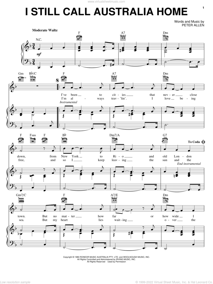I Still Call Australia Home (from The Boy From Oz) sheet music for voice, piano or guitar by Peter Allen and The Boy From Oz (Musical), intermediate skill level