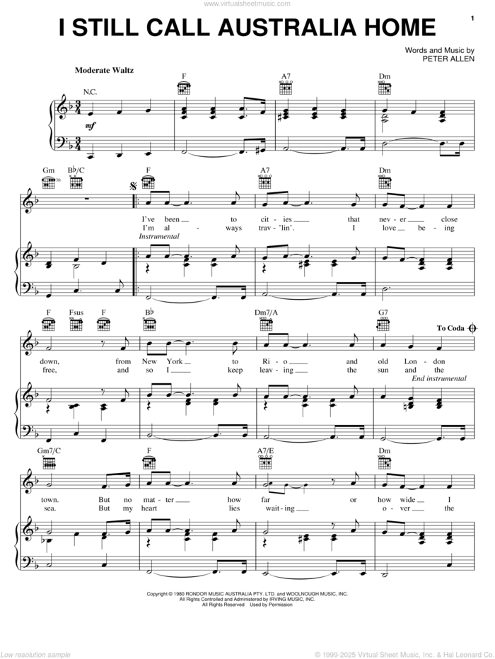 I Still Call Australia Home (from The Boy From Oz) sheet music for voice, piano or guitar by Peter Allen and The Boy From Oz (Musical), intermediate skill level