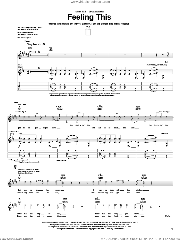Feeling This sheet music for guitar (tablature) by Blink-182, Mark Hoppus, Tom DeLonge and Travis Barker, intermediate skill level