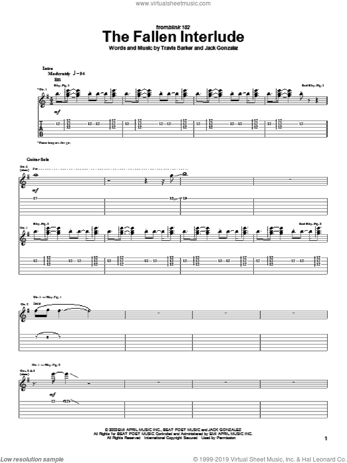 The Fallen Interlude sheet music for guitar (tablature) by Blink-182, Jack Gonzalez and Travis Barker, intermediate skill level
