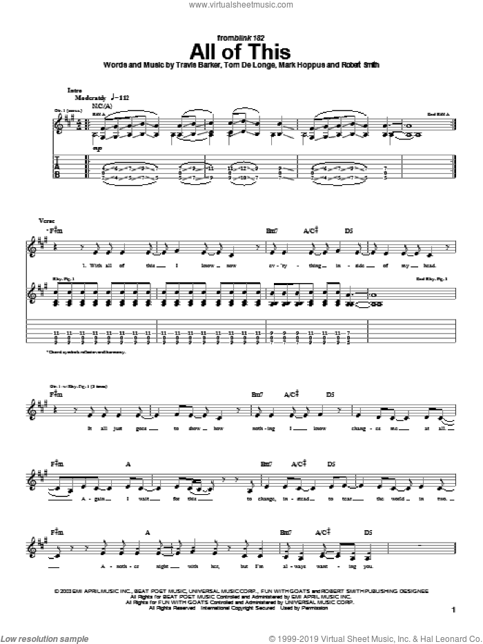 All Of This sheet music for guitar (tablature) by Blink-182, Mark Hoppus, Tom DeLonge and Travis Barker, intermediate skill level