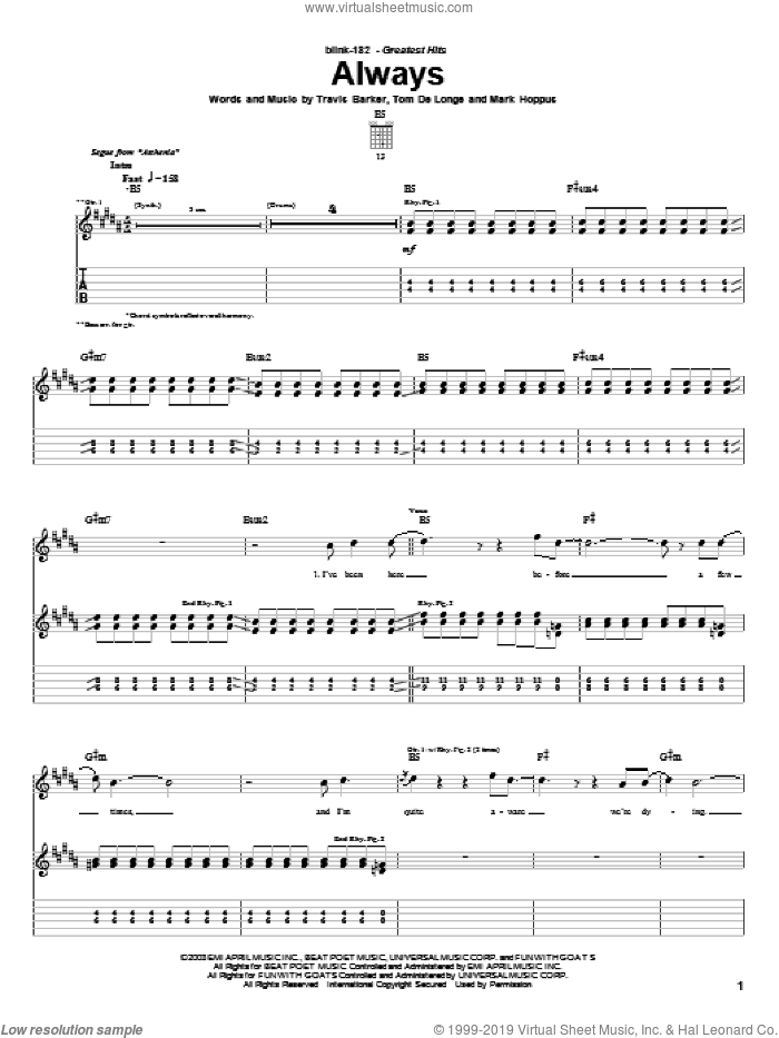 Always sheet music for guitar (tablature) by Blink-182, Mark Hoppus, Tom DeLonge and Travis Barker, intermediate skill level