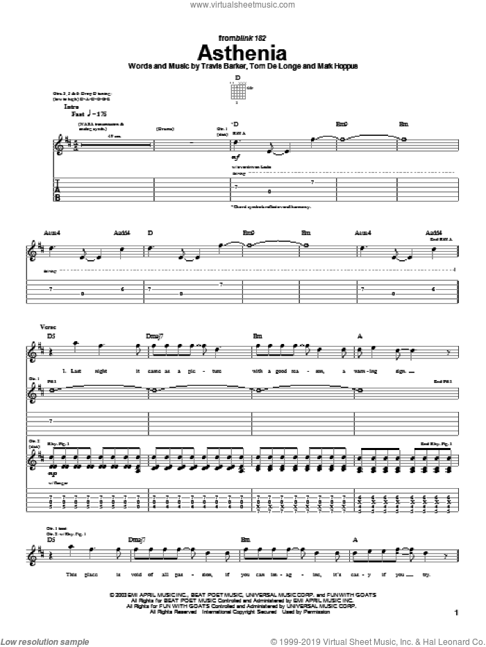 Asthenia sheet music for guitar (tablature) by Blink-182, Mark Hoppus, Tom DeLonge and Travis Barker, intermediate skill level
