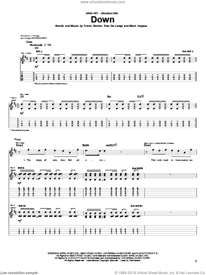 Down sheet music for guitar (tablature) by Blink-182, Mark Hoppus, Tom DeLonge and Travis Barker, intermediate skill level