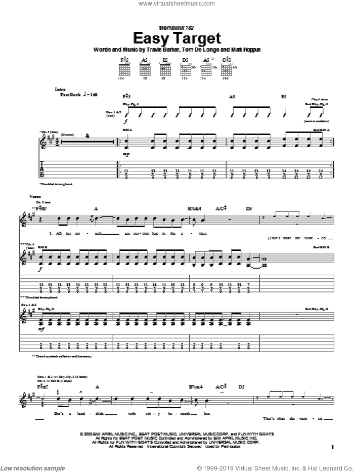Easy Target sheet music for guitar (tablature) by Blink-182, Mark Hoppus, Tom DeLonge and Travis Barker, intermediate skill level