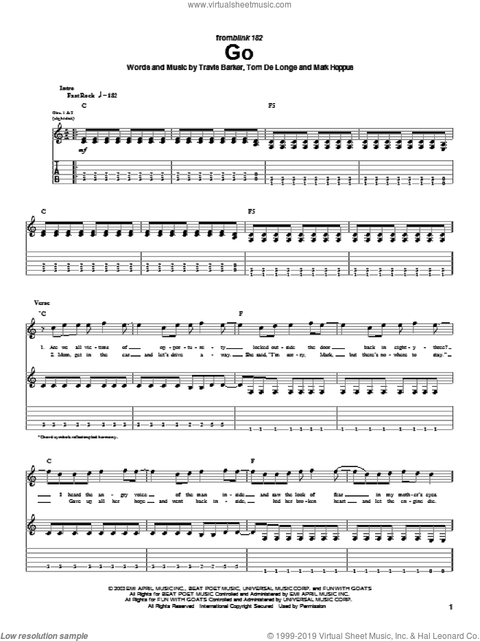 Go sheet music for guitar (tablature) by Blink-182, Mark Hoppus, Tom DeLonge and Travis Barker, intermediate skill level