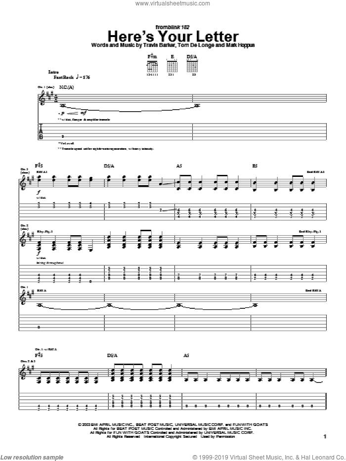 Here's Your Letter sheet music for guitar (tablature) by Blink-182, Mark Hoppus, Tom DeLonge and Travis Barker, intermediate skill level
