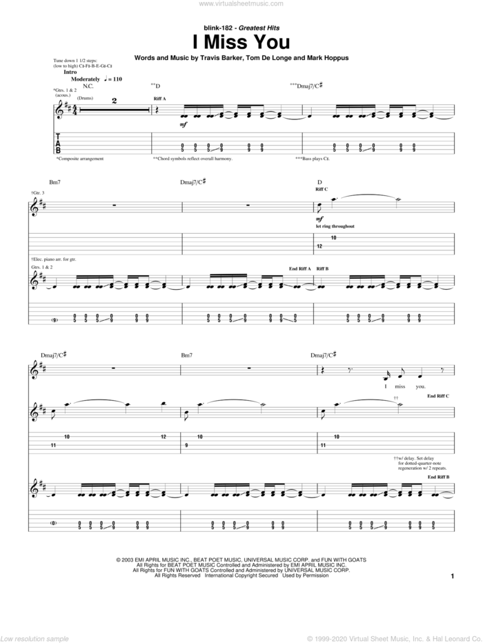 I Miss You sheet music for guitar (tablature) by Blink-182, Mark Hoppus, Tom DeLonge and Travis Barker, intermediate skill level
