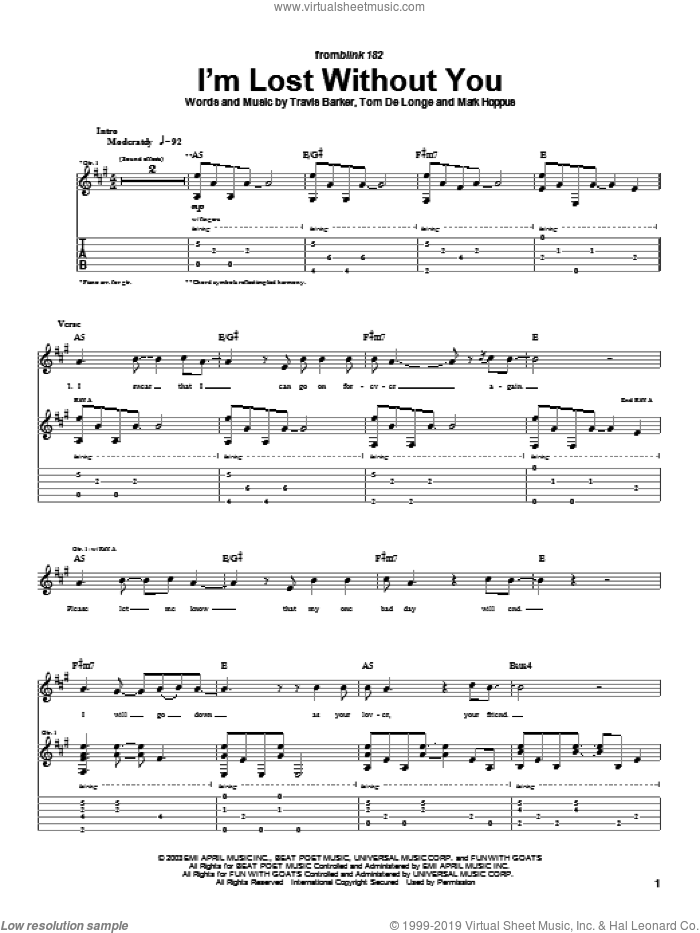 I'm Lost Without You sheet music for guitar (tablature) by Blink-182, Mark Hoppus, Tom DeLonge and Travis Barker, intermediate skill level