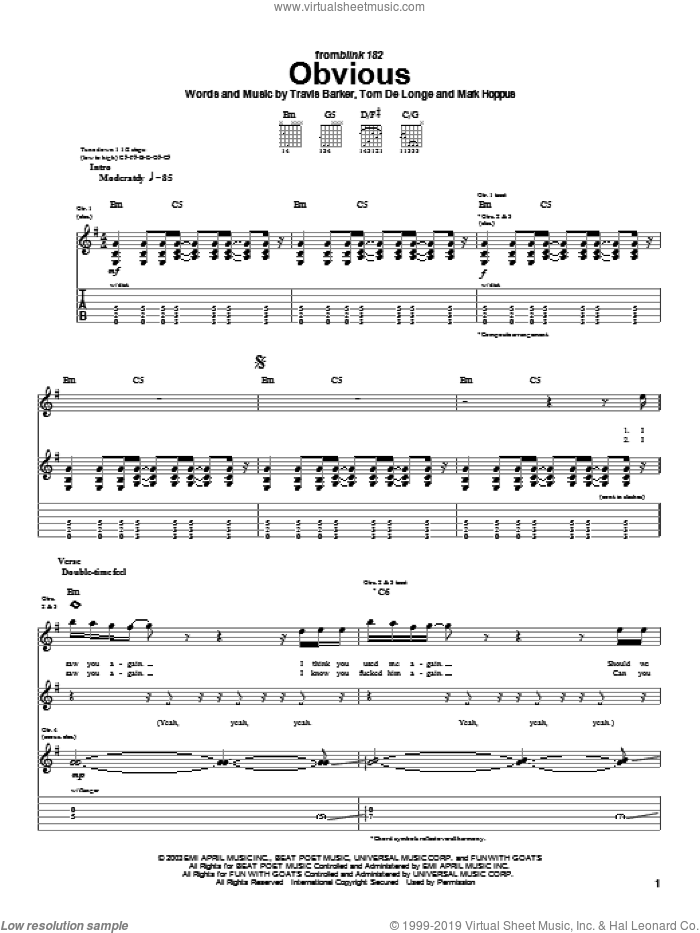 Obvious sheet music for guitar (tablature) by Blink-182, Mark Hoppus, Tom DeLonge and Travis Barker, intermediate skill level