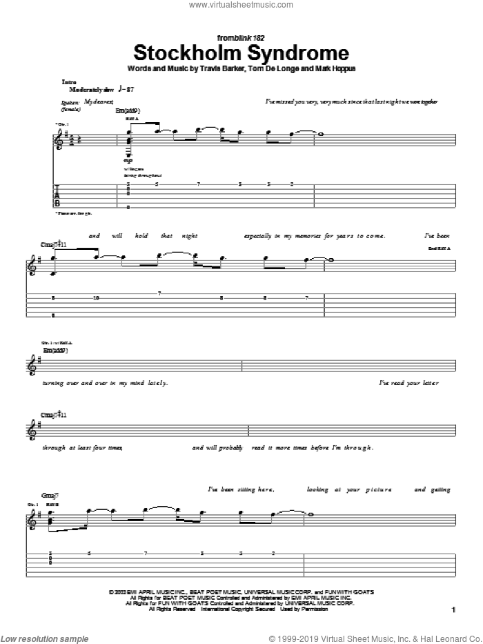 Stockholm Syndrome sheet music for guitar (tablature) by Blink-182, Mark Hoppus, Tom DeLonge and Travis Barker, intermediate skill level