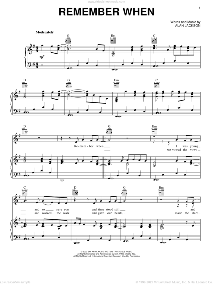 Remember When sheet music for voice, piano or guitar by Alan Jackson, intermediate skill level