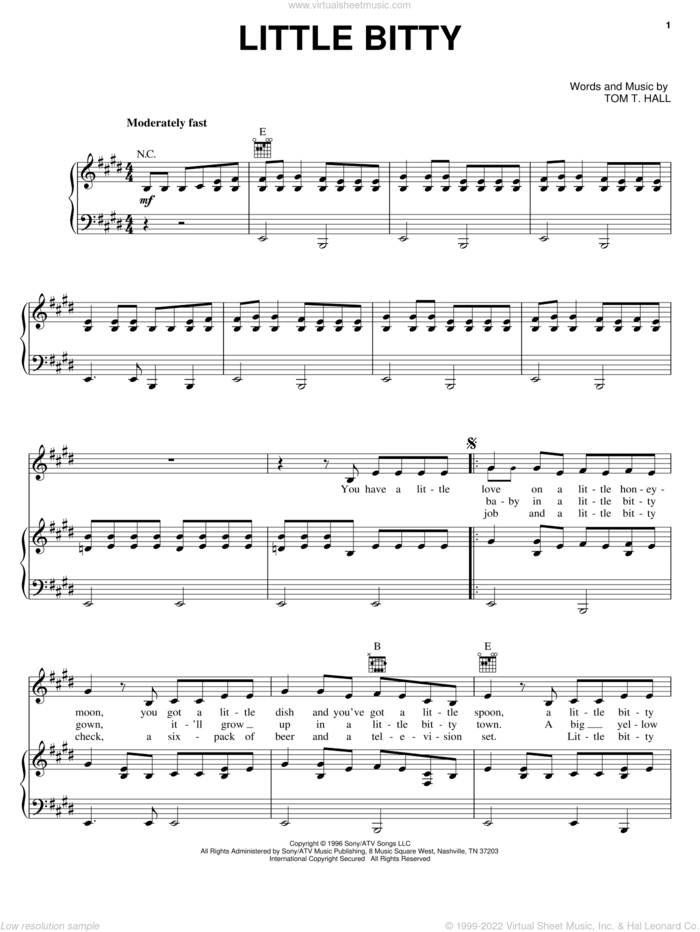 Little Bitty sheet music for voice, piano or guitar by Alan Jackson and Tom T. Hall, intermediate skill level