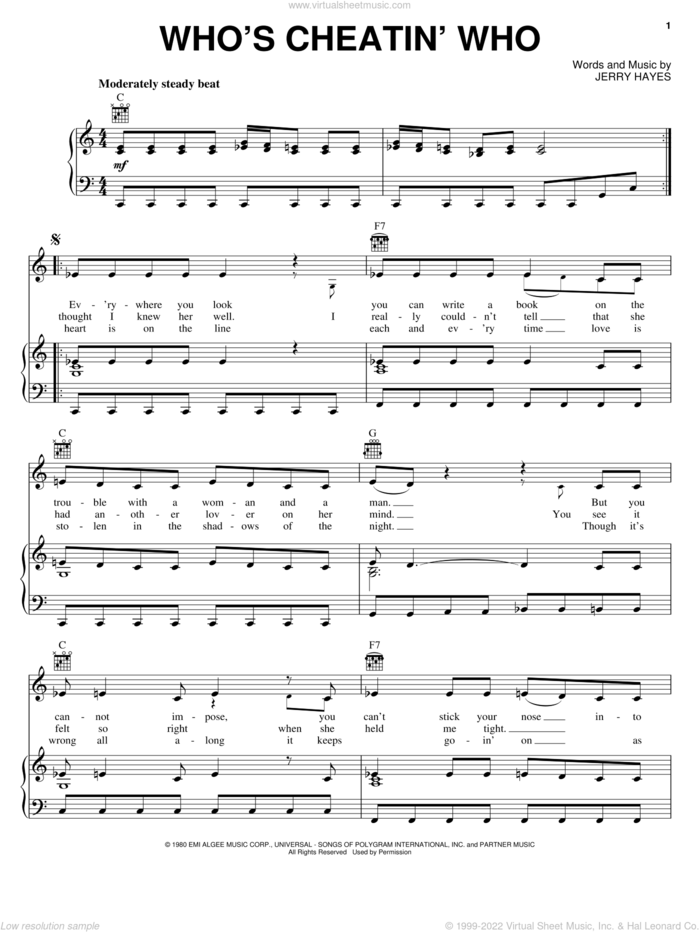 Who's Cheatin' Who sheet music for voice, piano or guitar by Alan Jackson, Charly McClain and Jerry Hayes, intermediate skill level