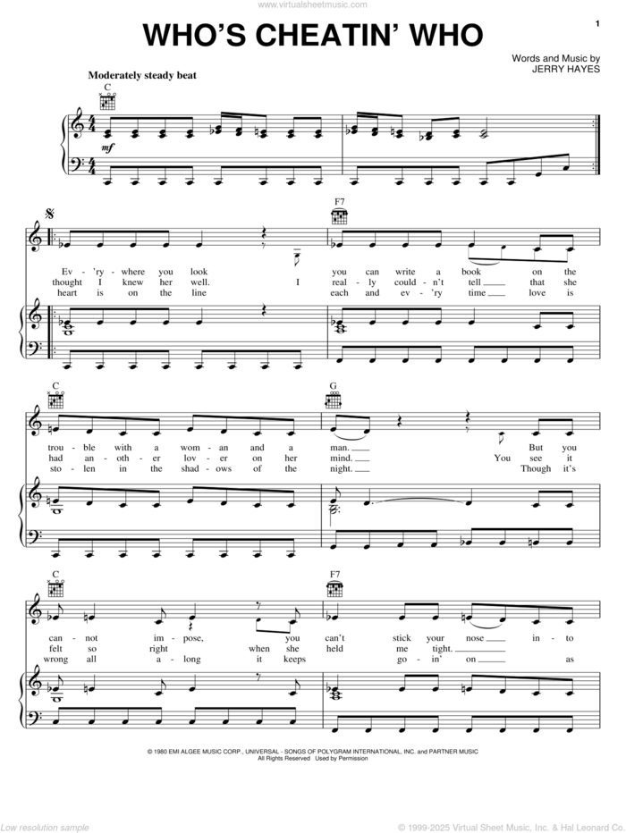 Who's Cheatin' Who sheet music for voice, piano or guitar by Alan Jackson, Charly McClain and Jerry Hayes, intermediate skill level