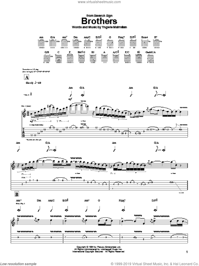 Brothers sheet music for guitar (tablature) by Yngwie Malmsteen, intermediate skill level