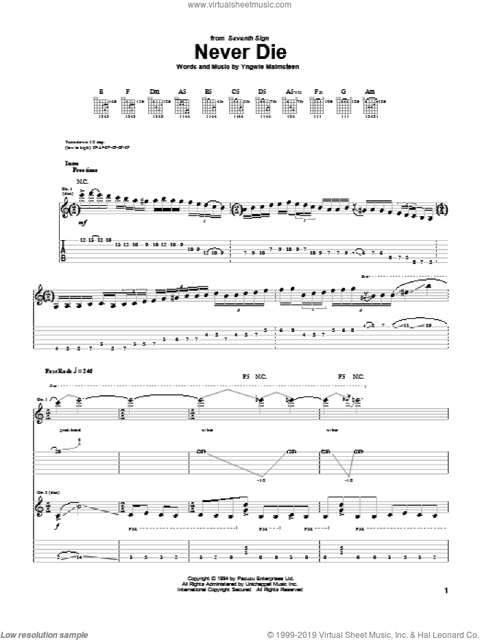 Never Die sheet music for guitar (tablature) by Yngwie Malmsteen, intermediate skill level