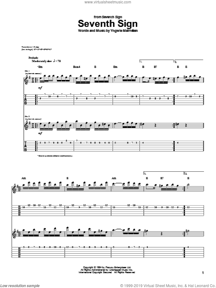 Seventh Sign sheet music for guitar (tablature) by Yngwie Malmsteen, intermediate skill level